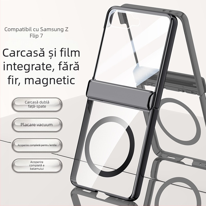 Carcasă PC pentru Samsung Galaxy Z Flip7 cu balama electroplateată și prindere magnetică, folie încorporată, protecție la căderi și rezistență la uzură