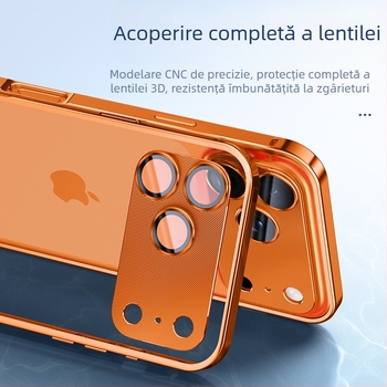 Carcasă metalică pentru iPhone cu folie de protecție a obiectivului; compatibilă cu iPhone 17 Pro Max și 16 Pro; material: metal; prelucrare: îndoire la cald; funcții: protecție la șocuri, disipare căldură, anti-amprente.