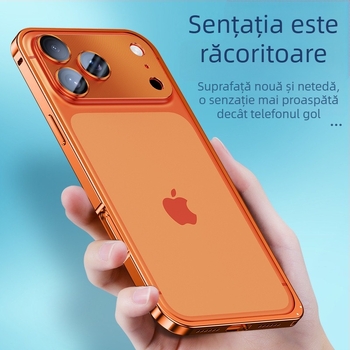 Carcasă metalică pentru iPhone cu folie de protecție a obiectivului; compatibilă cu iPhone 17 Pro Max și 16 Pro; material: metal; prelucrare: îndoire la cald; funcții: protecție la șocuri, disipare căldură, anti-amprente.