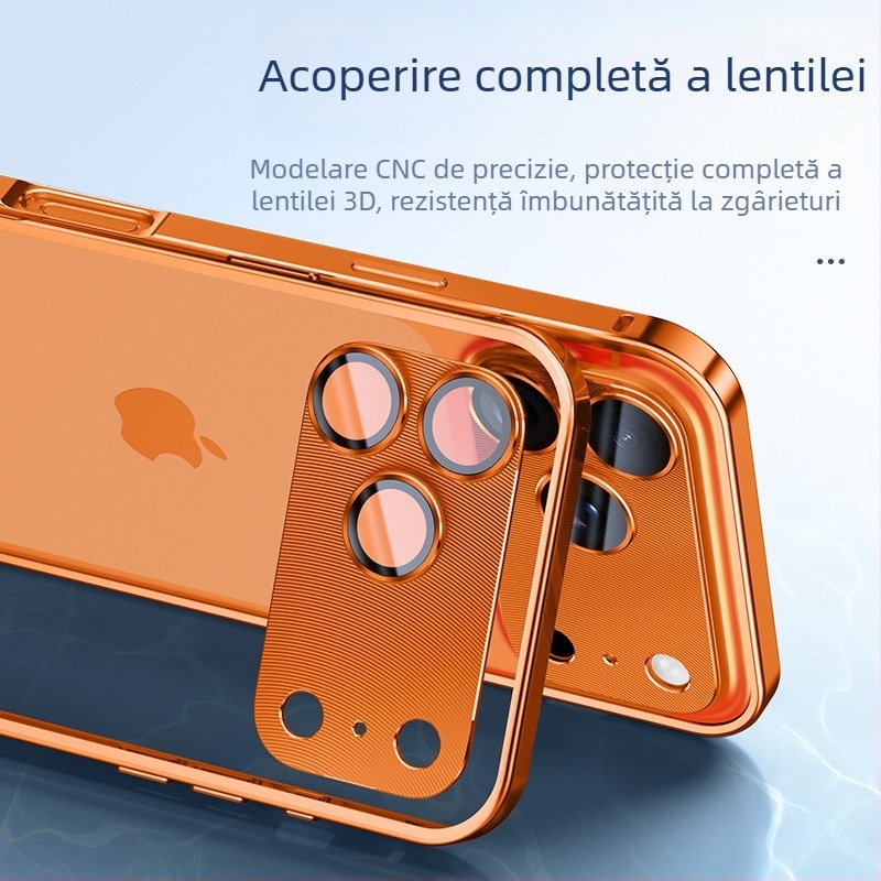 Carcasă metalică pentru iPhone cu folie de protecție a obiectivului; compatibilă cu iPhone 17 Pro Max și 16 Pro; material: metal; prelucrare: îndoire la cald; funcții: protecție la șocuri, disipare căldură, anti-amprente.