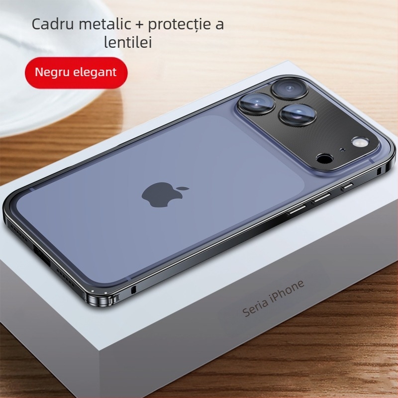 Carcasă metalică pentru iPhone cu folie de protecție a obiectivului; compatibilă cu iPhone 17 Pro Max și 16 Pro; material: metal; prelucrare: îndoire la cald; funcții: protecție la șocuri, disipare căldură, anti-amprente.