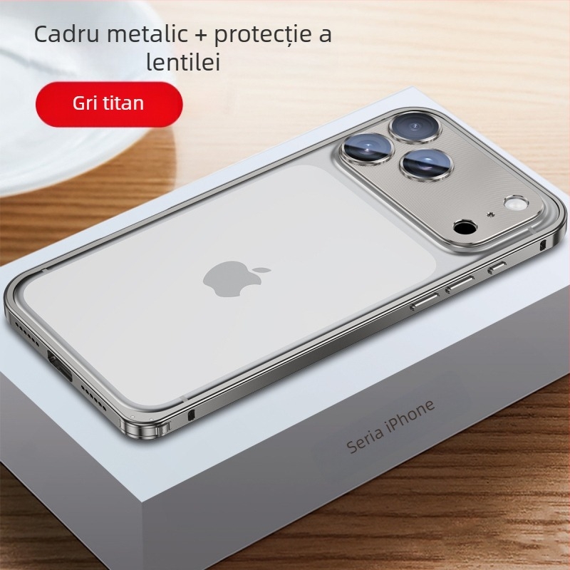 Carcasă metalică pentru iPhone cu folie de protecție a obiectivului; compatibilă cu iPhone 17 Pro Max și 16 Pro; material: metal; prelucrare: îndoire la cald; funcții: protecție la șocuri, disipare căldură, anti-amprente.