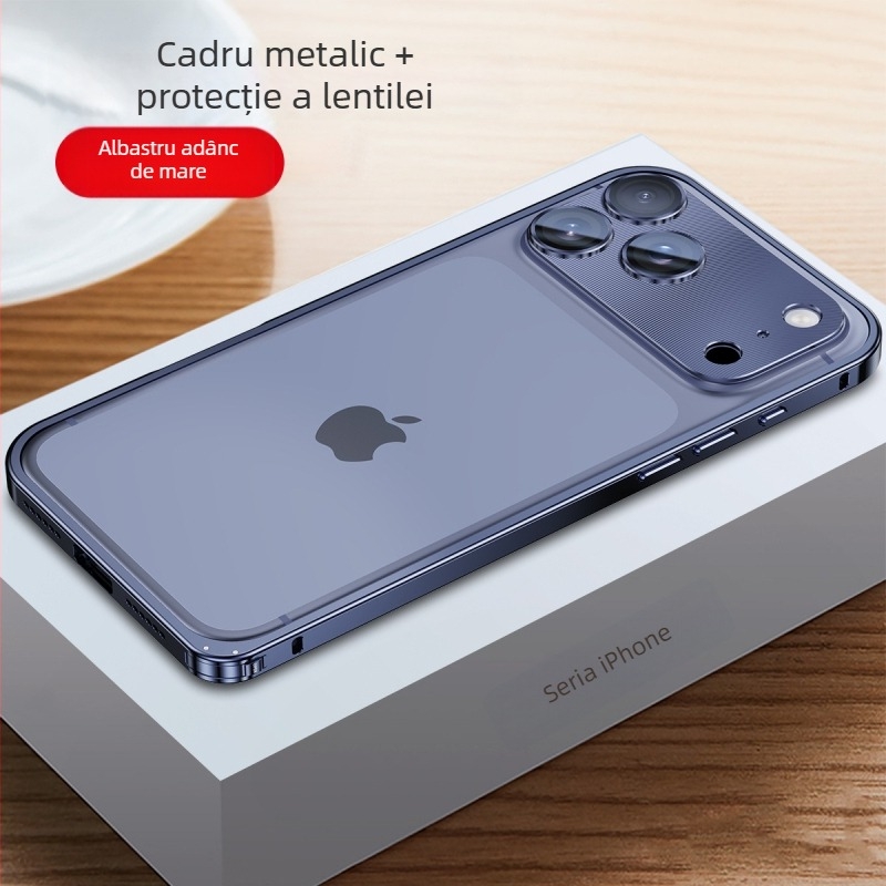 Carcasă metalică pentru iPhone cu folie de protecție a obiectivului; compatibilă cu iPhone 17 Pro Max și 16 Pro; material: metal; prelucrare: îndoire la cald; funcții: protecție la șocuri, disipare căldură, anti-amprente.