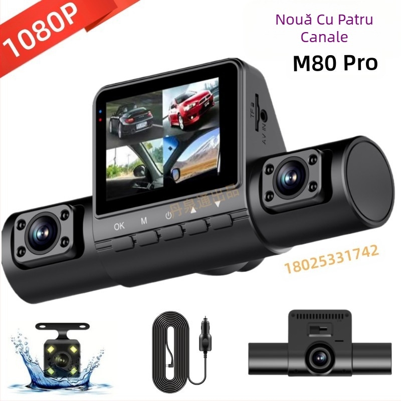 Camera auto M80 Pro cu 4 lentile, infraroșu, 1080p, unghi de vizualizare 170°, ecran 2,0 inch