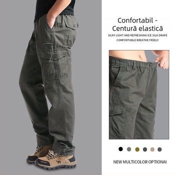 Pantaloni casual de lucru pentru bărbați, croială lejeră, din bumbac, talie medie, fermoar, drept, multe buzunare