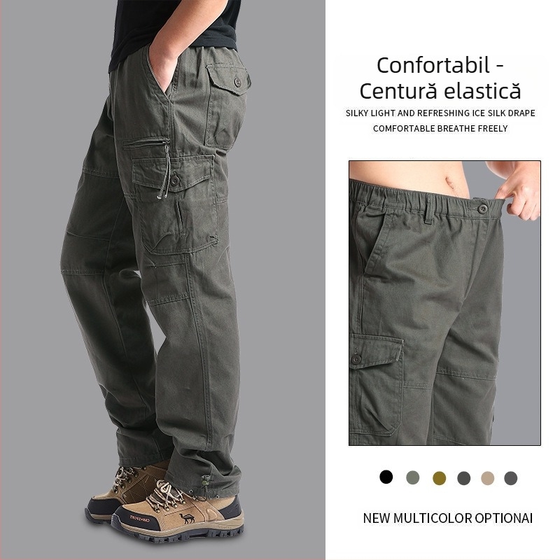 Pantaloni casual de lucru pentru bărbați, croială lejeră, din bumbac, talie medie, fermoar, drept, multe buzunare