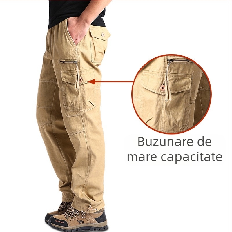 Pantaloni casual de lucru pentru bărbați, croială lejeră, din bumbac, talie medie, fermoar, drept, multe buzunare