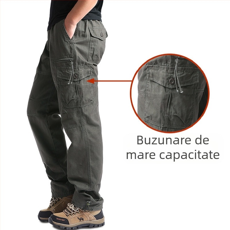Pantaloni casual de lucru pentru bărbați, croială lejeră, din bumbac, talie medie, fermoar, drept, multe buzunare