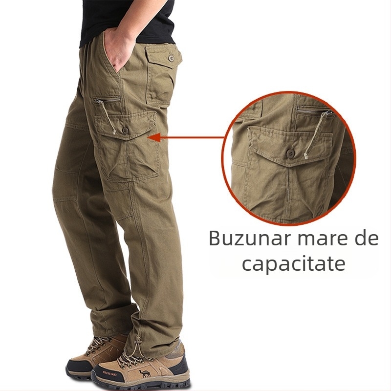 Pantaloni casual de lucru pentru bărbați, croială lejeră, din bumbac, talie medie, fermoar, drept, multe buzunare