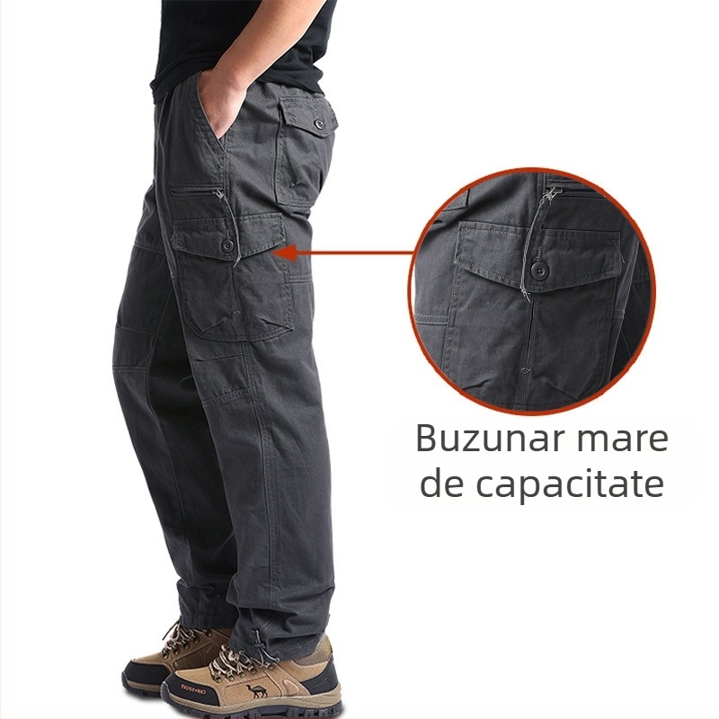 Pantaloni casual de lucru pentru bărbați, croială lejeră, din bumbac, talie medie, fermoar, drept, multe buzunare