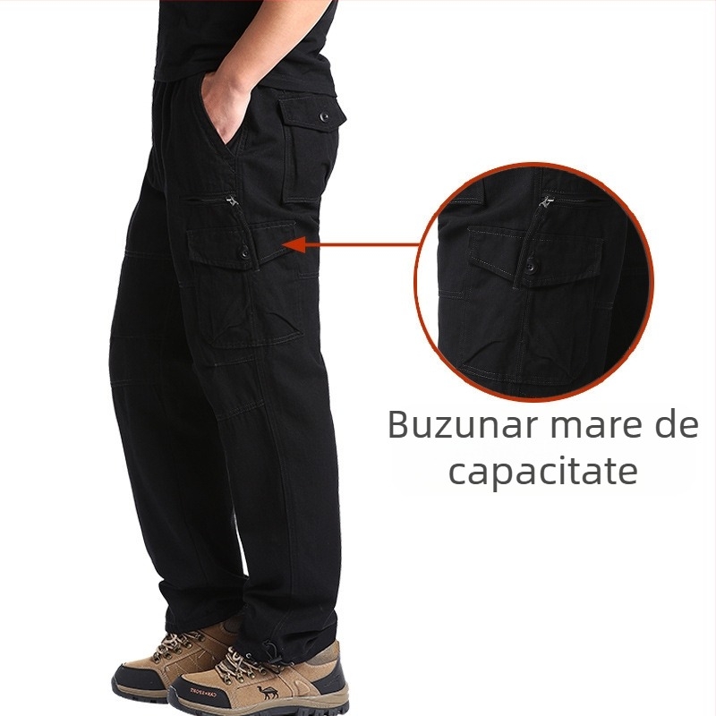 Pantaloni casual de lucru pentru bărbați, croială lejeră, din bumbac, talie medie, fermoar, drept, multe buzunare