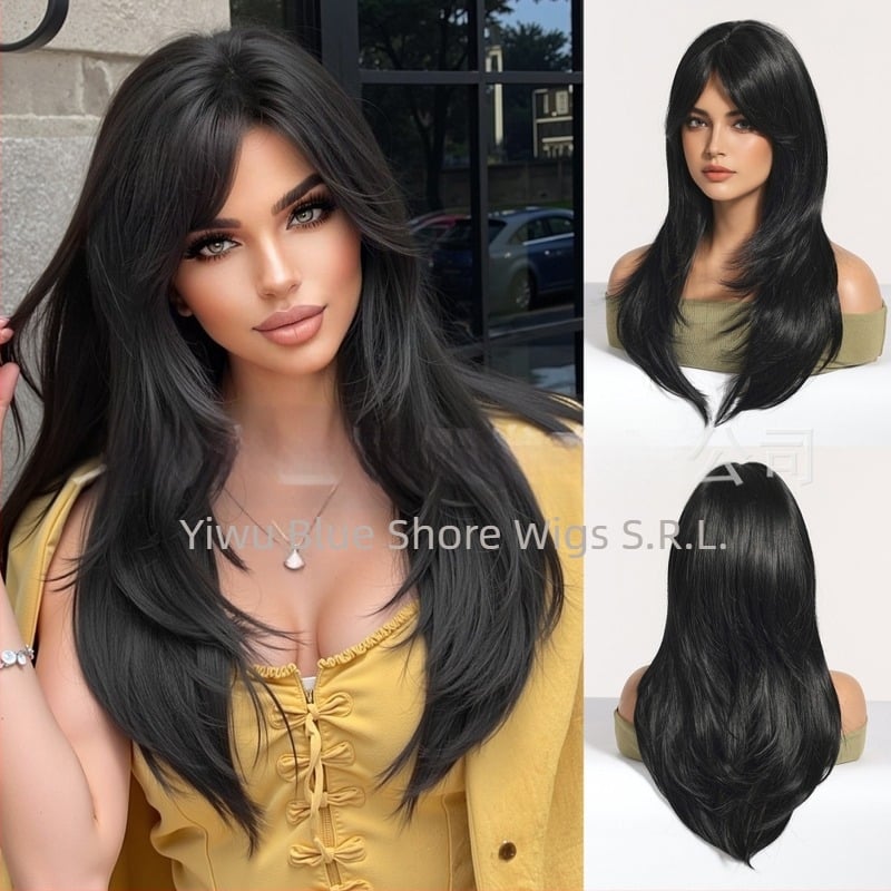 Emmor LC2068-8 Perucă lungă buclată, breton de opt caractere, fibră rezistentă la temperaturi înalte, construcție mecanică, poate fi vopsită, acoperire completă a capului