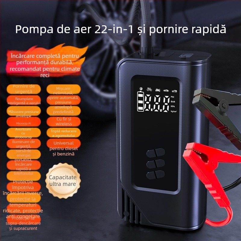 Pompa de aer portabilă pentru mașină, wireless, cu afișaj digital, iluminare și încărcare USB — 14.8V, până la 80W, flux 30 L/min