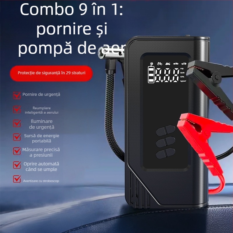 Pompa de aer portabilă pentru mașină, wireless, cu afișaj digital, iluminare și încărcare USB — 14.8V, până la 80W, flux 30 L/min