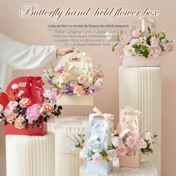Cutie ovală pentru buchet de flori, carton, lucrat manual, design decupat din hârtie, mâner cu formă de fluture, Brand Qianxi Packaging