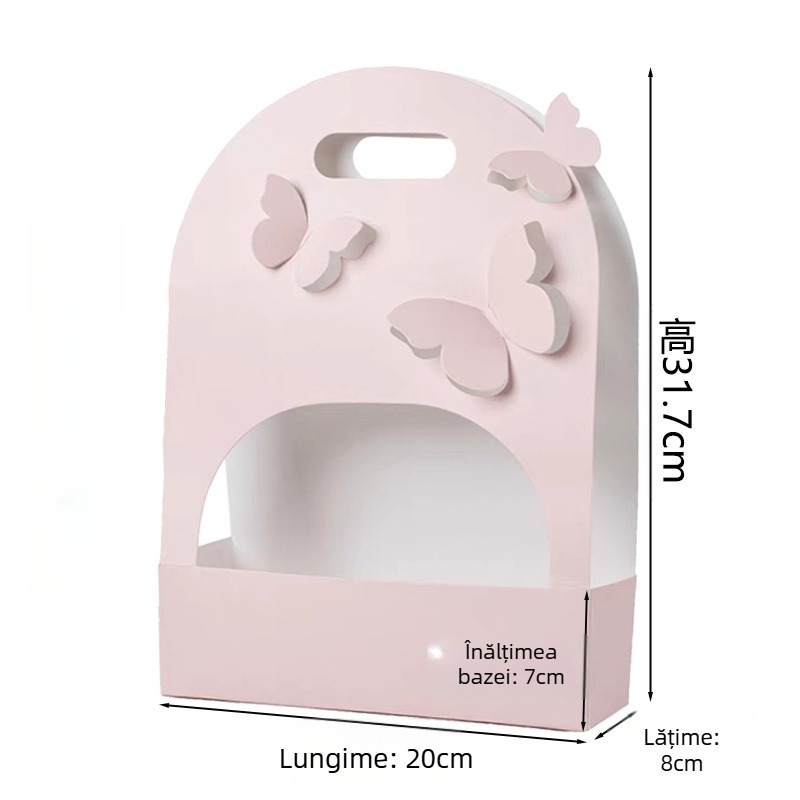 Cutie ovală pentru buchet de flori, carton, lucrat manual, design decupat din hârtie, mâner cu formă de fluture, Brand Qianxi Packaging