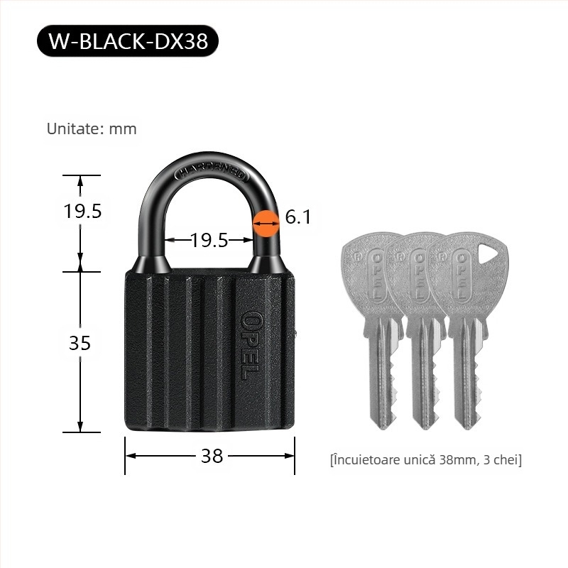 Lacăt pentru uz casnic - corp din cupru, rezistent la apă, finisaj satinat-mat; Model W-BLACK-DX; Brand OPEL; Utilizare: uși de dulap, uși de cameră, depozite