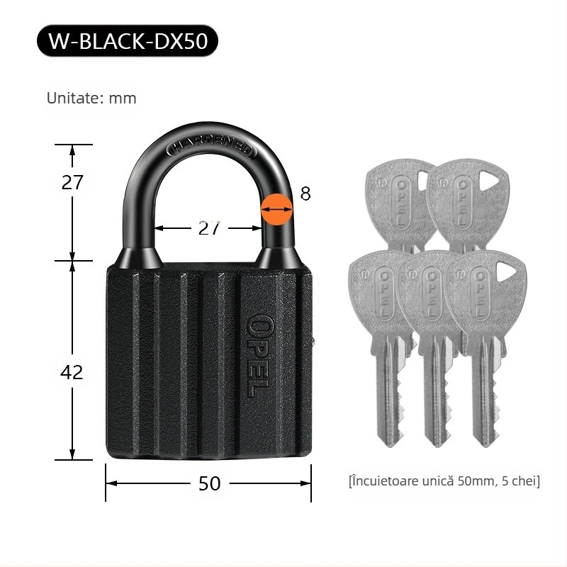 Lacăt pentru uz casnic - corp din cupru, rezistent la apă, finisaj satinat-mat; Model W-BLACK-DX; Brand OPEL; Utilizare: uși de dulap, uși de cameră, depozite