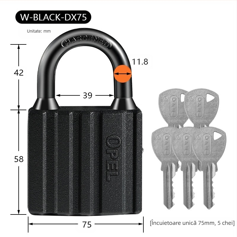 Lacăt pentru uz casnic - corp din cupru, rezistent la apă, finisaj satinat-mat; Model W-BLACK-DX; Brand OPEL; Utilizare: uși de dulap, uși de cameră, depozite