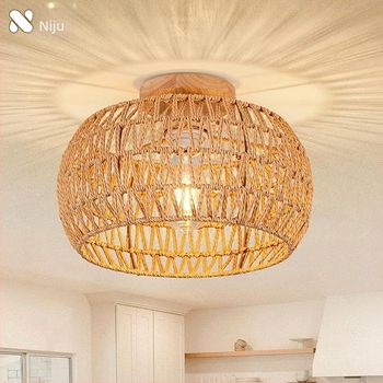 Lampă de plafon boho minimalistă cu abajur din răchită pentru hol și living; LED, tensiune scăzută ≤36V, acoperire 15–30㎡, corp metalic