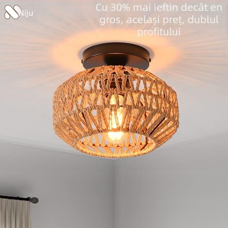 Lampă de plafon boho minimalistă cu abajur din răchită pentru hol și living; LED, tensiune scăzută ≤36V, acoperire 15–30㎡, corp metalic