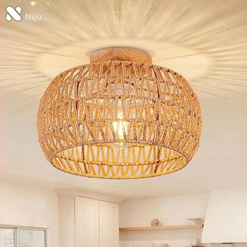 Lampă de plafon boho minimalistă cu abajur din răchită pentru hol și living; LED, tensiune scăzută ≤36V, acoperire 15–30㎡, corp metalic