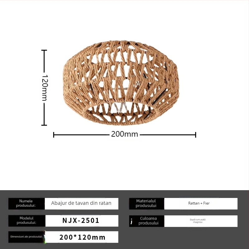 Lampă de plafon boho minimalistă cu abajur din răchită pentru hol și living; LED, tensiune scăzută ≤36V, acoperire 15–30㎡, corp metalic