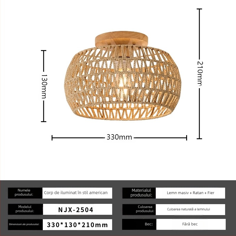 Lampă de plafon boho minimalistă cu abajur din răchită pentru hol și living; LED, tensiune scăzută ≤36V, acoperire 15–30㎡, corp metalic