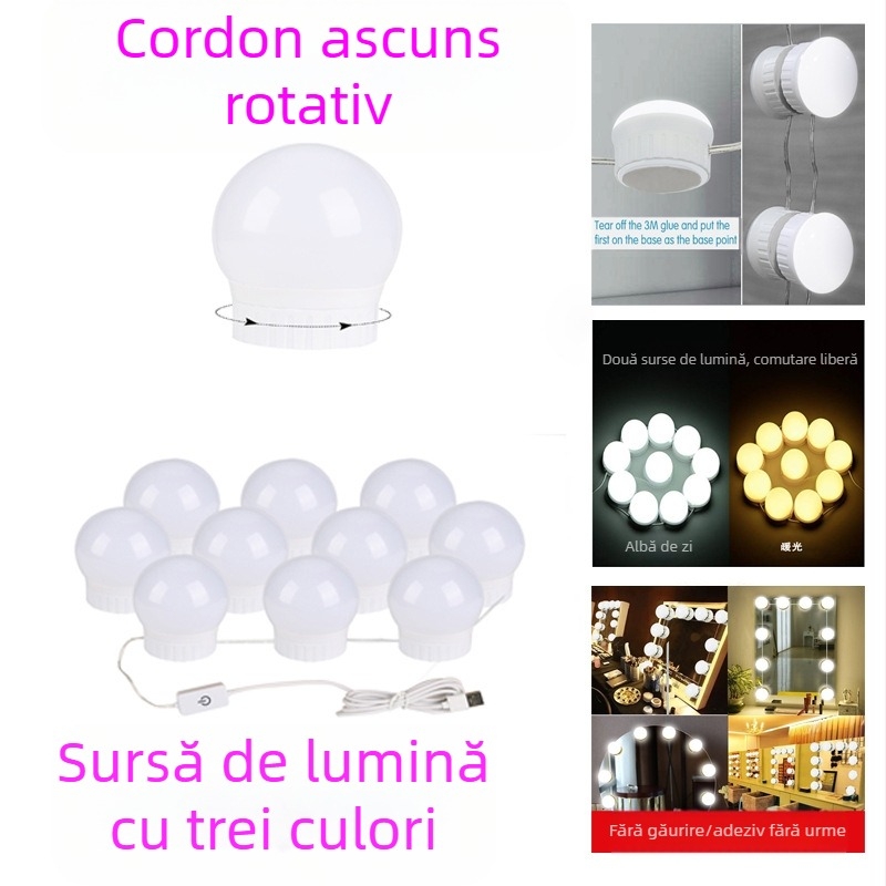 Lumină LED pentru oglinda de machiaj cu iluminare frontală, șir de becuri rotativ retractabil, model Q03, întrerupător tactil
