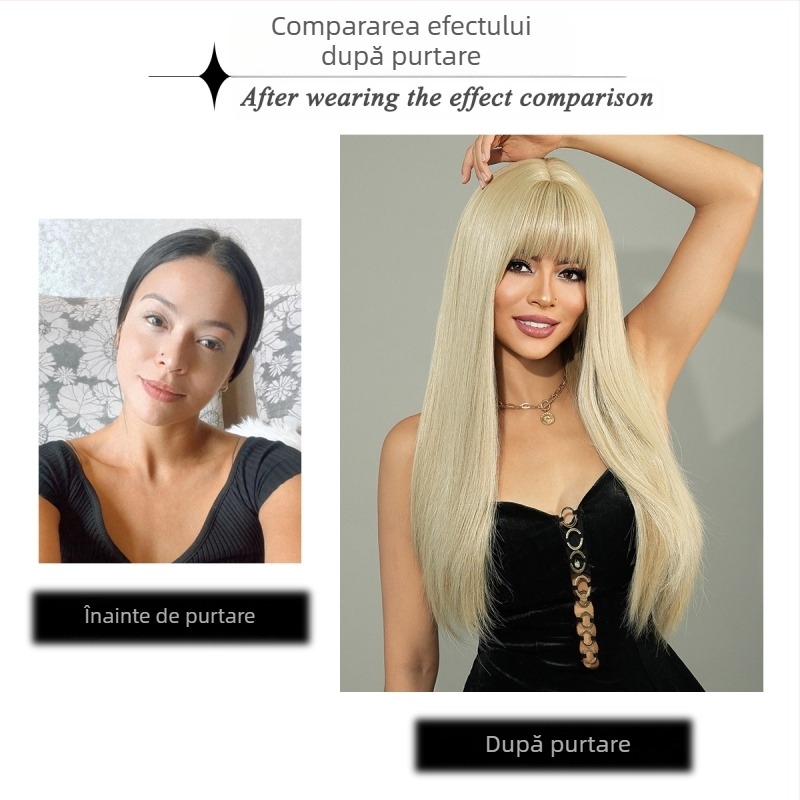 Perucă lungă dreaptă cu breton, fibre sintetice rezistente la temperaturi, aspect natural și respirabil