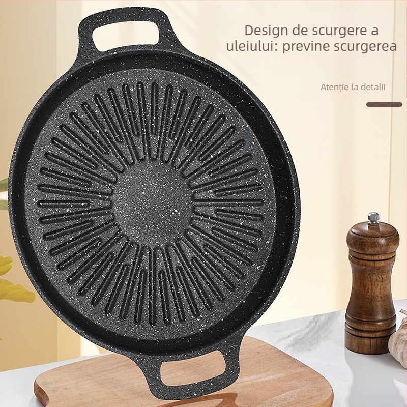 Tigaie grill circulară pentru camping din fier – portabilă, fără fum, antiaderentă, ușor de curățat