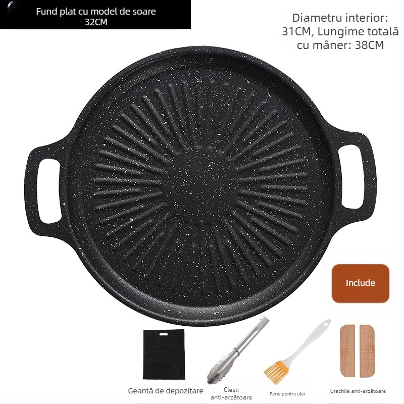 Tigaie grill circulară pentru camping din fier – portabilă, fără fum, antiaderentă, ușor de curățat