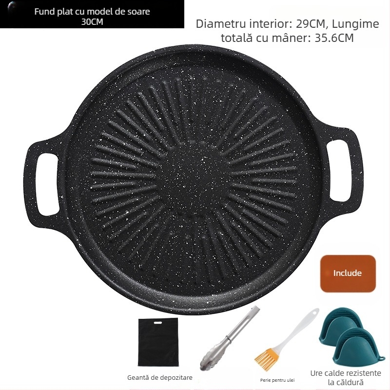 Tigaie grill circulară pentru camping din fier – portabilă, fără fum, antiaderentă, ușor de curățat