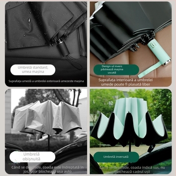 Umbrelă reversibilă automată pentru soare și ploaie, protecție UV UPF50+, cadrul din aliaj cu 10 brațe, țesătură poliester 210T, deschidere/închidere automată, imprimare logo