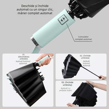 Umbrelă reversibilă automată pentru soare și ploaie, protecție UV UPF50+, cadrul din aliaj cu 10 brațe, țesătură poliester 210T, deschidere/închidere automată, imprimare logo