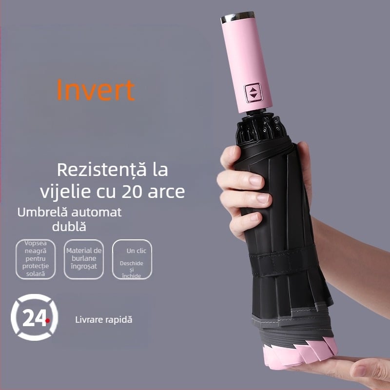 Umbrelă reversibilă automată pentru soare și ploaie, protecție UV UPF50+, cadrul din aliaj cu 10 brațe, țesătură poliester 210T, deschidere/închidere automată, imprimare logo