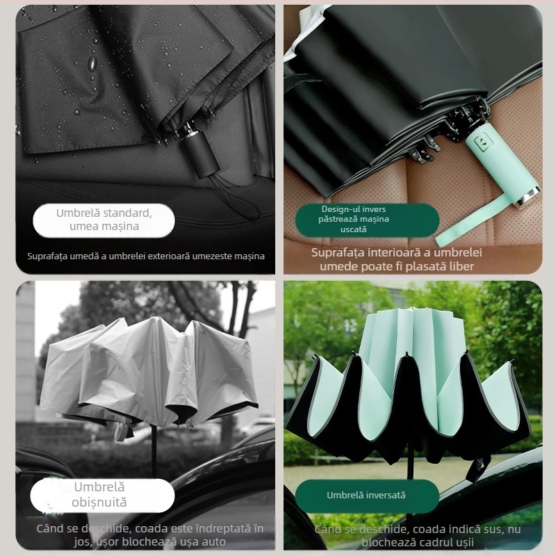 Umbrelă reversibilă automată pentru soare și ploaie, protecție UV UPF50+, cadrul din aliaj cu 10 brațe, țesătură poliester 210T, deschidere/închidere automată, imprimare logo