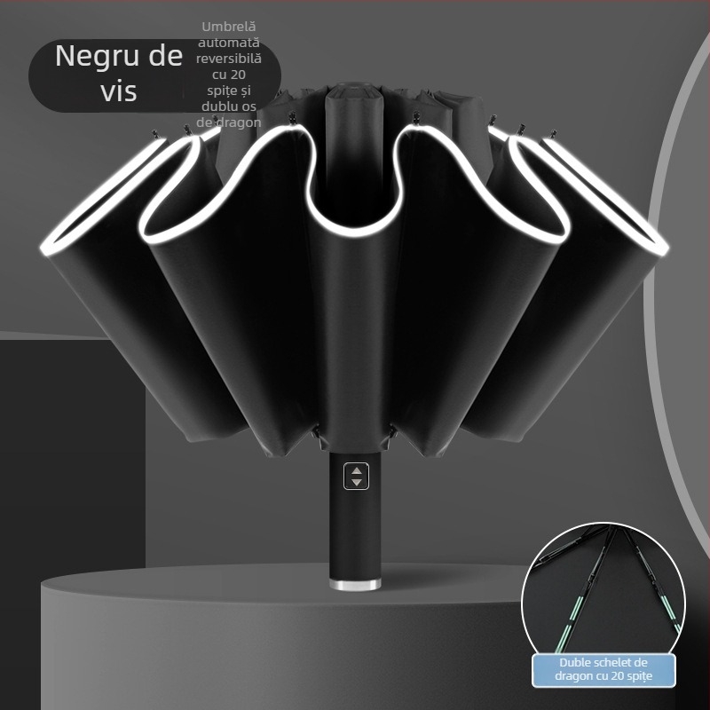 Umbrelă reversibilă automată pentru soare și ploaie, protecție UV UPF50+, cadrul din aliaj cu 10 brațe, țesătură poliester 210T, deschidere/închidere automată, imprimare logo