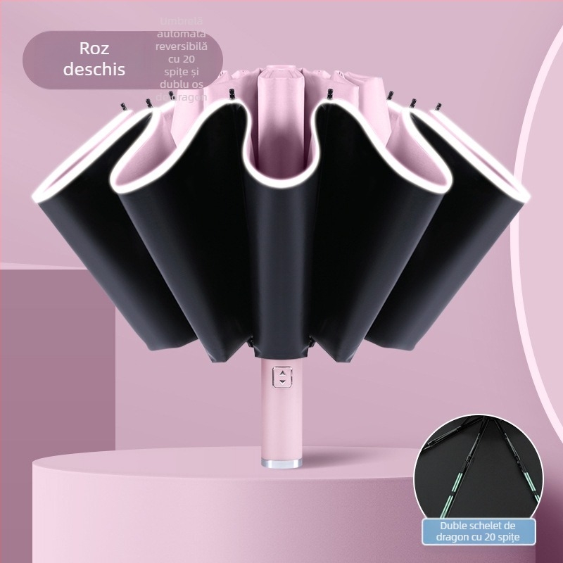 Umbrelă reversibilă automată pentru soare și ploaie, protecție UV UPF50+, cadrul din aliaj cu 10 brațe, țesătură poliester 210T, deschidere/închidere automată, imprimare logo