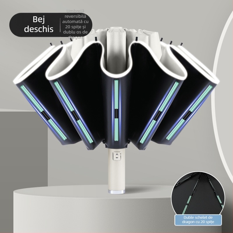 Umbrelă reversibilă automată pentru soare și ploaie, protecție UV UPF50+, cadrul din aliaj cu 10 brațe, țesătură poliester 210T, deschidere/închidere automată, imprimare logo