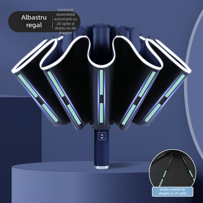 Umbrelă reversibilă automată pentru soare și ploaie, protecție UV UPF50+, cadrul din aliaj cu 10 brațe, țesătură poliester 210T, deschidere/închidere automată, imprimare logo