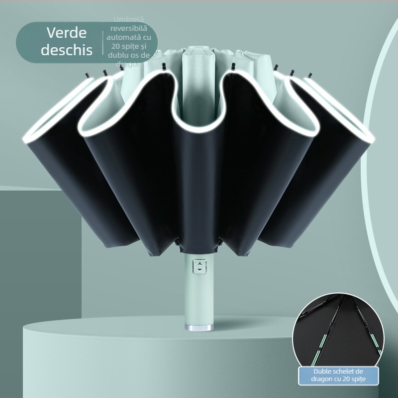 Umbrelă reversibilă automată pentru soare și ploaie, protecție UV UPF50+, cadrul din aliaj cu 10 brațe, țesătură poliester 210T, deschidere/închidere automată, imprimare logo