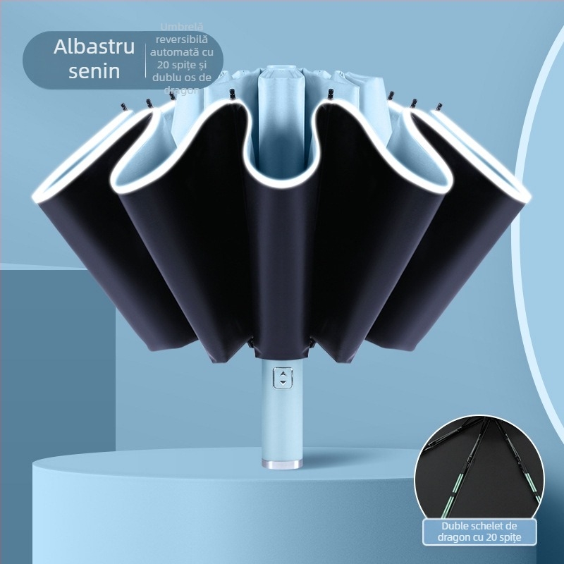 Umbrelă reversibilă automată pentru soare și ploaie, protecție UV UPF50+, cadrul din aliaj cu 10 brațe, țesătură poliester 210T, deschidere/închidere automată, imprimare logo