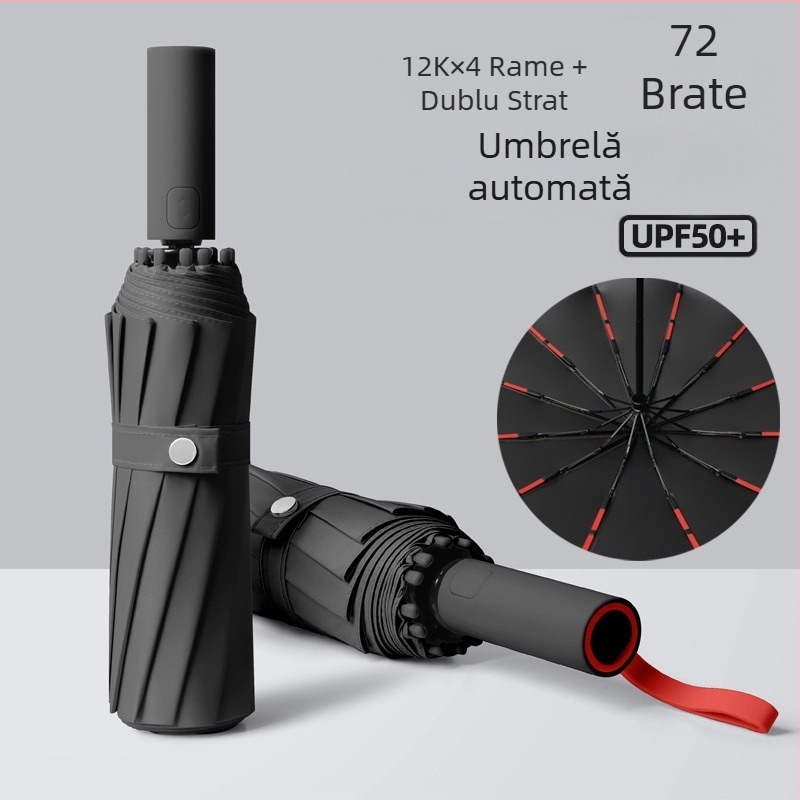 Umbrelă pliabilă automată cu 12 spițe, rezistentă la vânt, protecție UV UPF50+, schelet din oțel