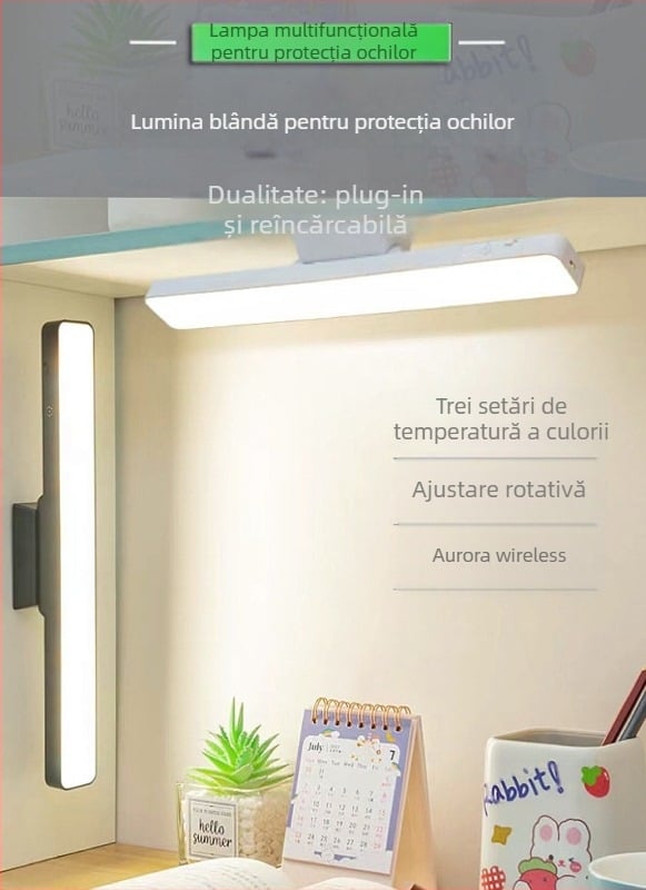 Lampă LED pentru noptieră cu atașare magnetică, protecție a ochilor, comutator tactil, reglaj intensitate, baterie litiu încorporată