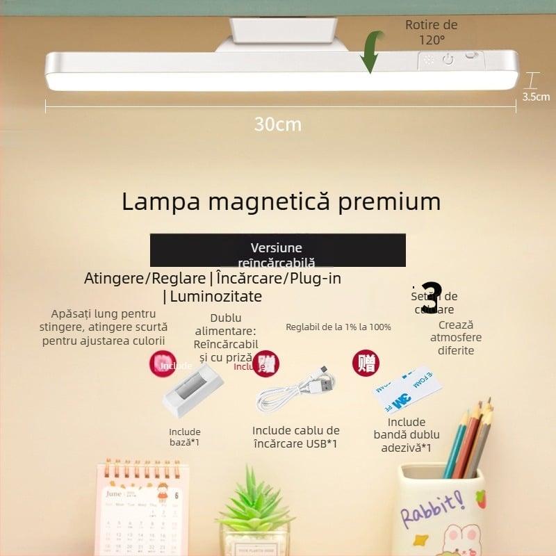 Lampă LED pentru noptieră cu atașare magnetică, protecție a ochilor, comutator tactil, reglaj intensitate, baterie litiu încorporată