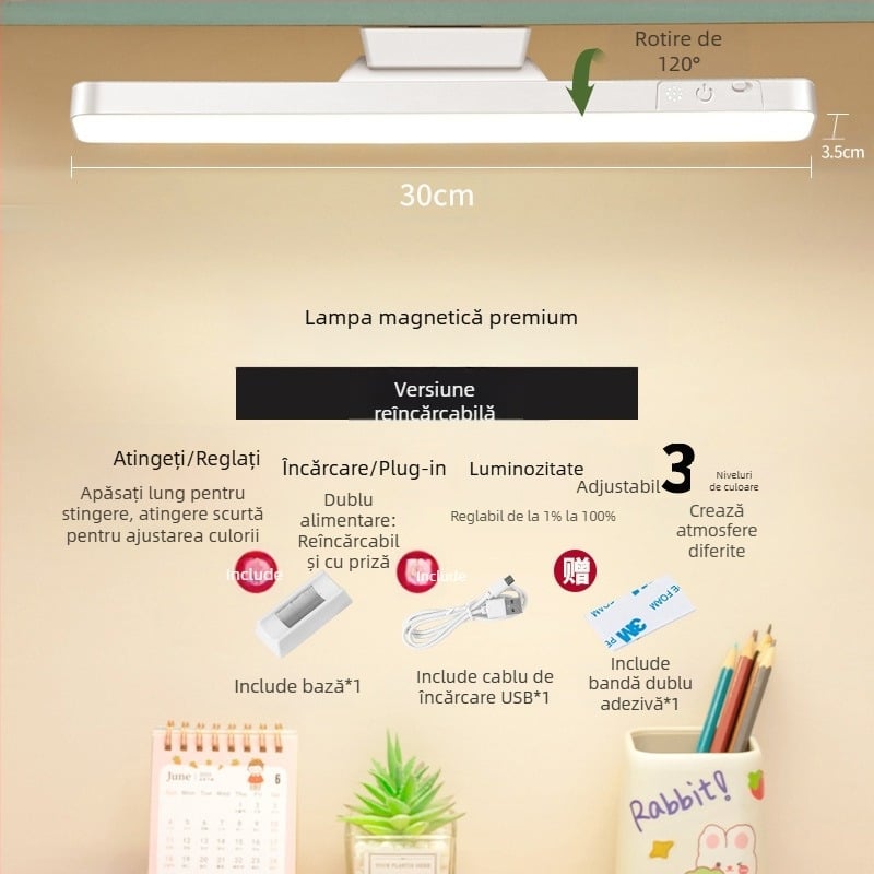 Lampă LED pentru noptieră cu atașare magnetică, protecție a ochilor, comutator tactil, reglaj intensitate, baterie litiu încorporată
