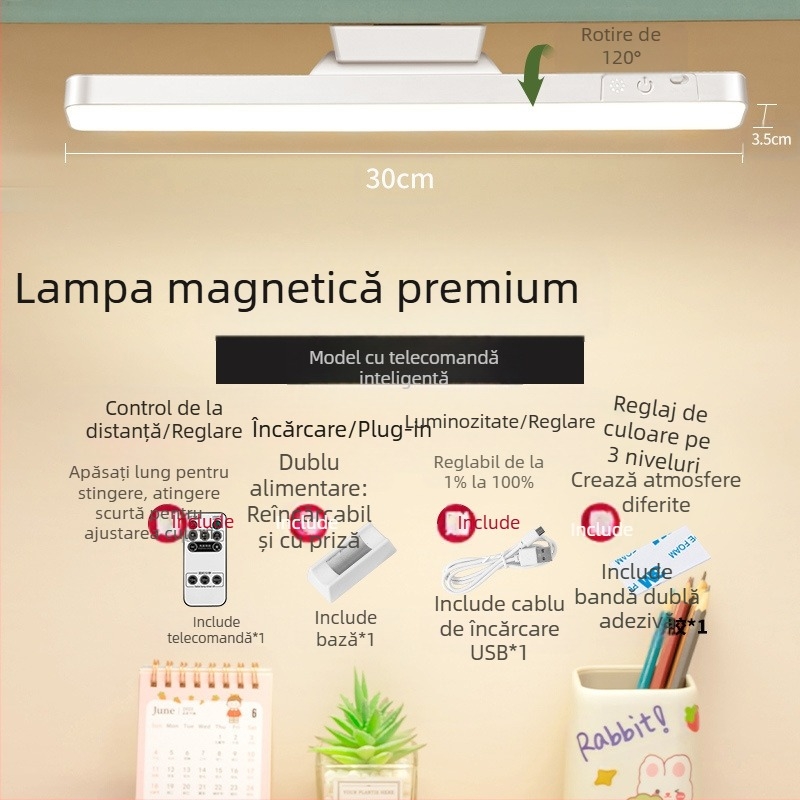 Lampă LED pentru noptieră cu atașare magnetică, protecție a ochilor, comutator tactil, reglaj intensitate, baterie litiu încorporată