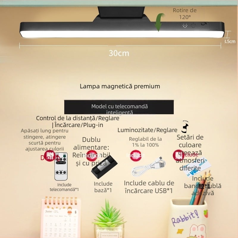 Lampă LED pentru noptieră cu atașare magnetică, protecție a ochilor, comutator tactil, reglaj intensitate, baterie litiu încorporată