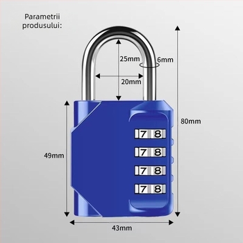 CH-604 aliaj de zinc, încuietoare mecanică cu combinație de 4 cifre pentru dulapuri și bagaje — grosimea tijelor de blocare 6 mm, distanța 20×24 mm